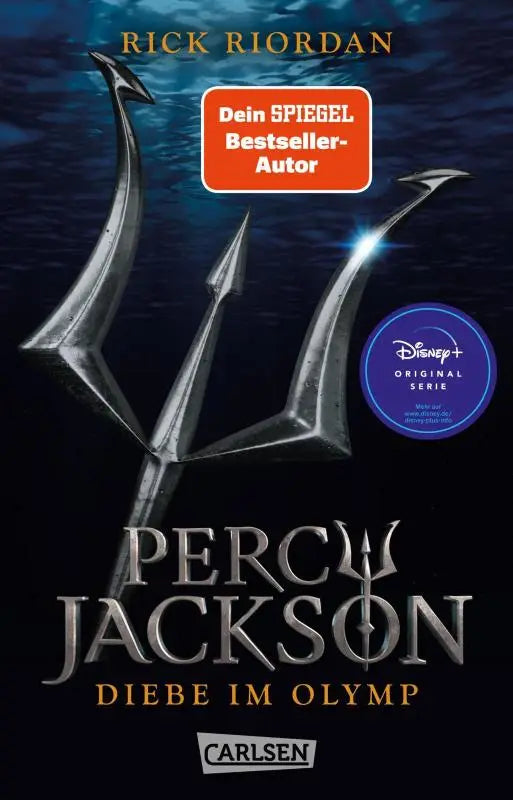 Silveren drietand graphic op donkerblauwe onderwater thema omslag van percy jackson 1 special edition boek
