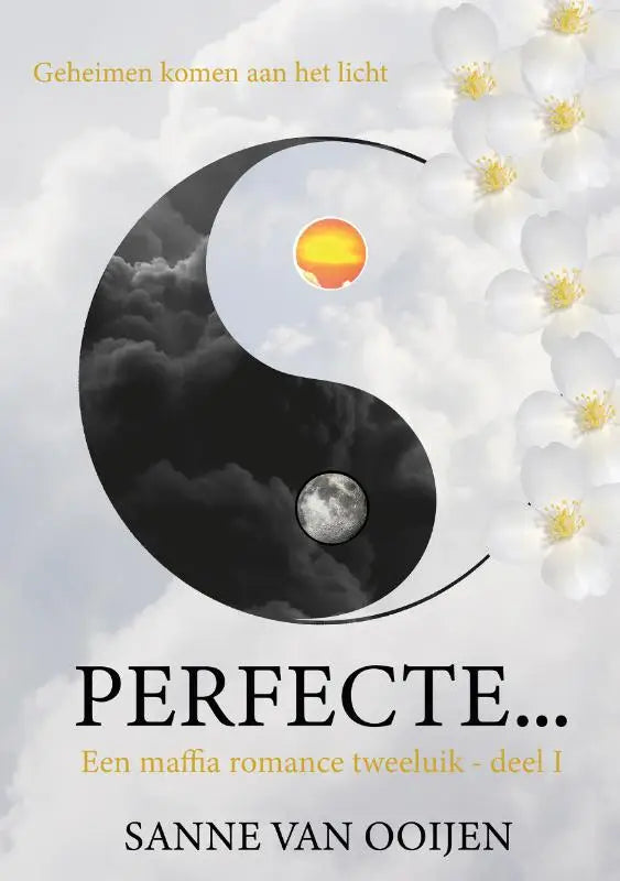 Boekcover perfecte maffia tweeluik met zwart-wit yin-yang symbool zon en maan op zachte wolken en witte bloemen