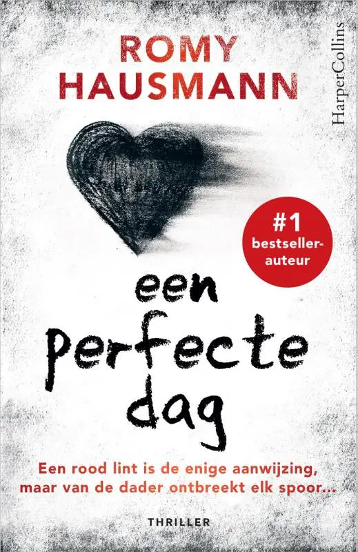 Een zwart schetsstijl hart op een witte boekomslag van een perfecte dag met het rode lint als enige aanwijzing