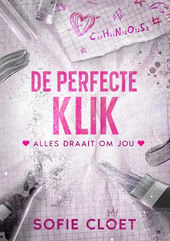 Lichtgrijze tekstuur achtergrond met roze tekst de perfecte klik en kleinere tekst alles draait om jou voor productdeksel