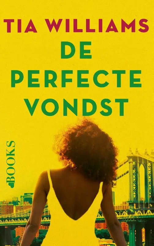Gele boekcover van de perfecte vondst door tia williams met vrouw in witte jurk voor stedelijke achtergrond liefdeboeken