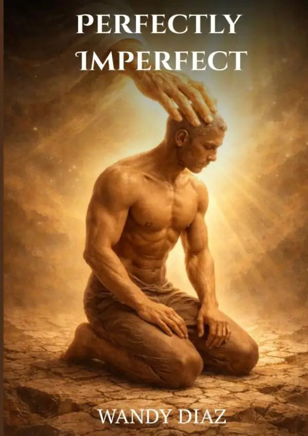 De boekcover van perfectly imperfect door wandy diaz toont een man in gouden licht die gebogen knielt met een hand op zijn hoofd als god niet call perfect people maar degenen die bereid zijn te worden volmaakt