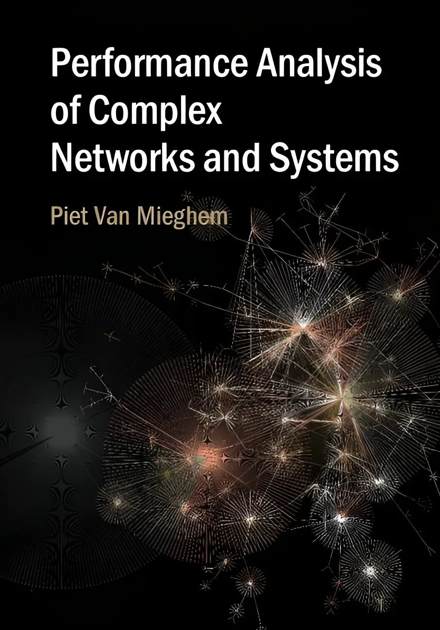 Zwarte boekomslag met witte en gouden tekst en abstracte gloeiende netwerkdiagrammen over complex networks en systems