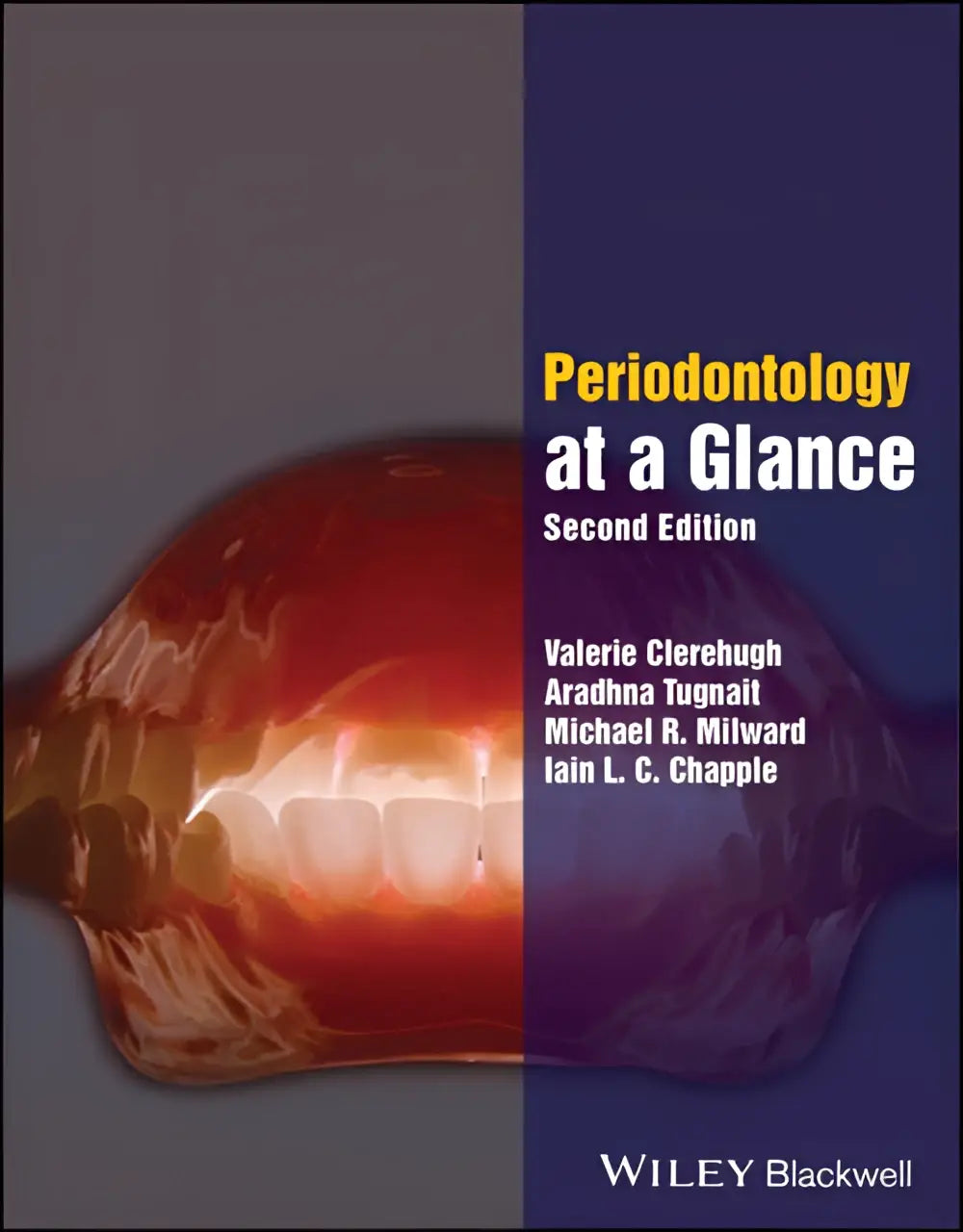Het boek periodontology at a glance tweede editie toont een glanzend rood-oranje tandheelkundig model tegen een donkerblauwe achtergrond