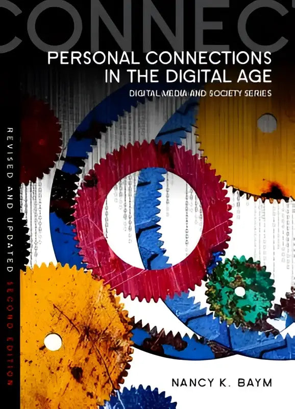 De book cover van personal connections in the digital age toont felle, overlappende tandwielen in digitale media kleuren op donkere achtergrond