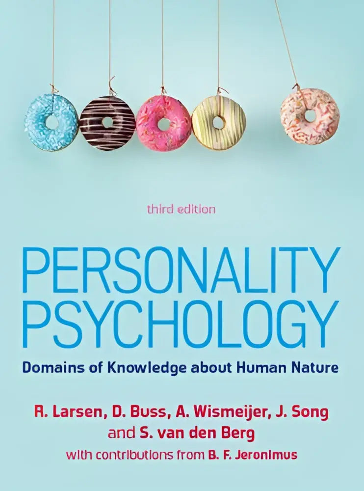 De omslag van personality psychology toont de titel in blauwe letters met vijf kleurrijke donuts erboven tegen een lichtblauwe achtergrond