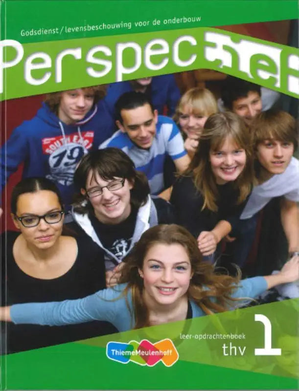 Groene en witte cover van perspectief studentenwerkboek met een groep lachende tieners vooraanzicht