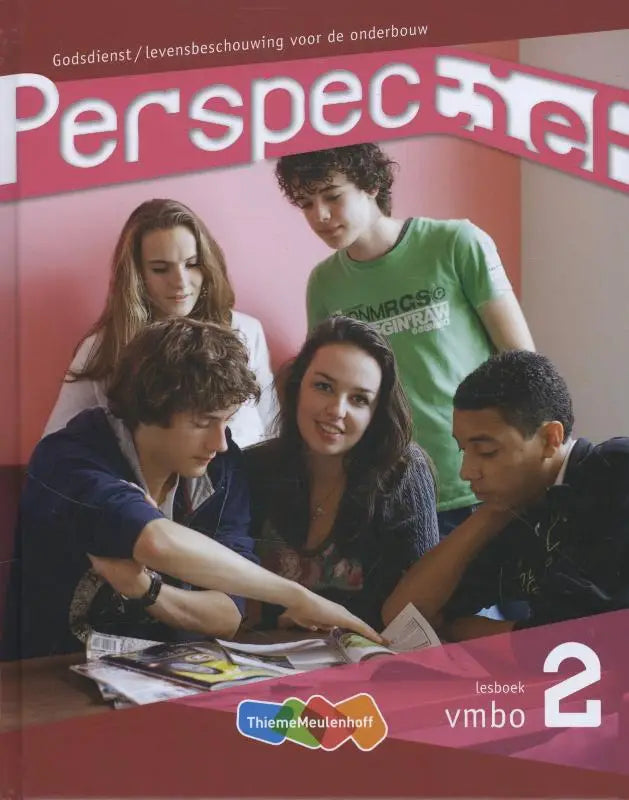 De cover van het perspectief 2 vmbo leerboek met een groep jongeren rondom een open boek over godsdienst levensbeschouwing