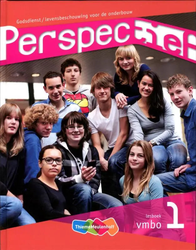 De cover van het perspectief leerboek voor vmbo met een groepfoto en roze rode design elementen voor godsdienst levensbeschouwing