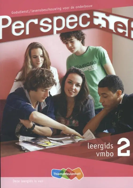Rode en witte cover van perspectief vmbo niveau 2 godsdienst levensbeschouwing met foto van vijf leerlingen rond tafel