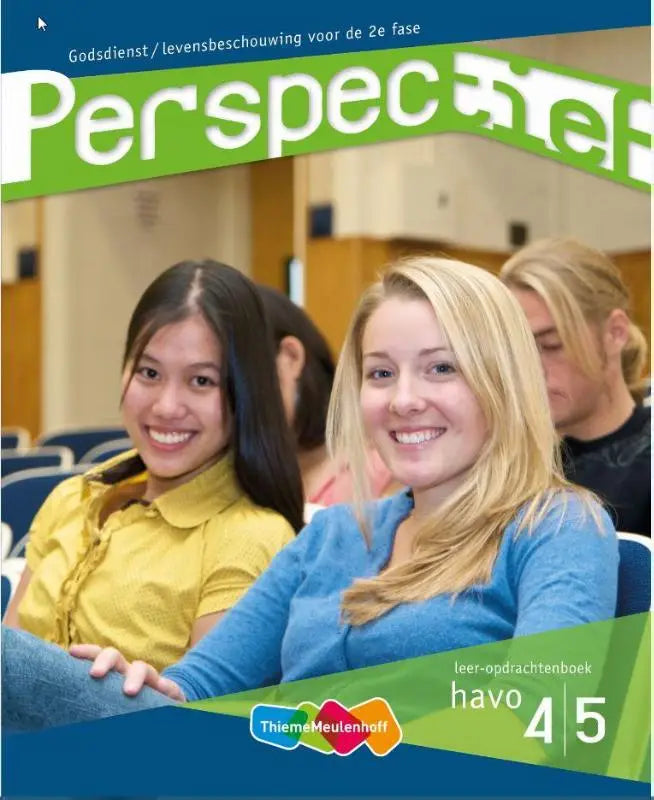 Cover van het dutsevakboek perspectief met drie lachende studenten in de tweede fase voor godsdienst levensbeschouwing