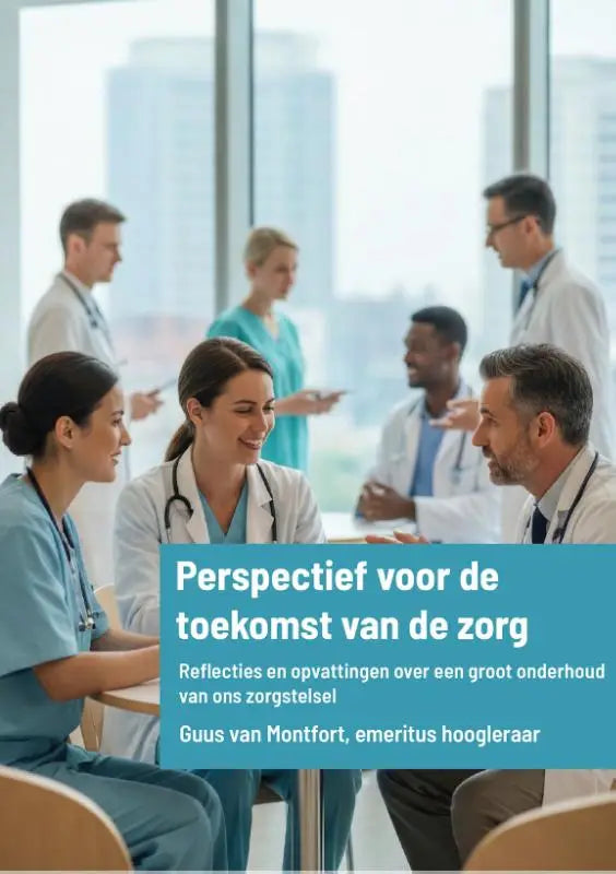Blauw rechthoekig boek covers met witte tekst perspectief voor de toekomst van de zorg en medische professionals rondom een tafel