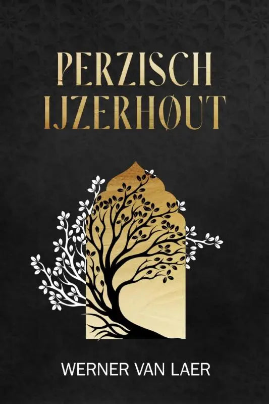 Perzisch ijzerhout boek met zwarte en gouden omslag en gestileerde boom met witte bloemen op donkere achtergrond