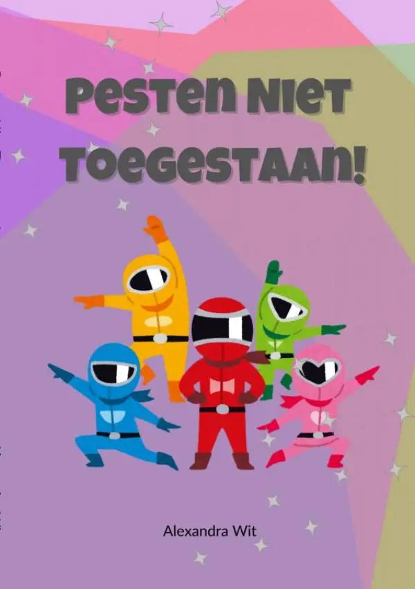 Vibrante cartoon ninja personages in geel rood blauw groen en roze pak met zwarte vizieren voor jonge lezers in pesten niet toegestaan