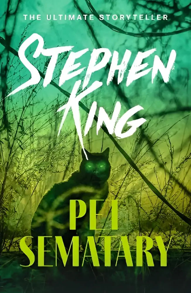 A dark green cat with glowing eyes on the cover of stephen kings pet sematary an iconic chiller from bestseller