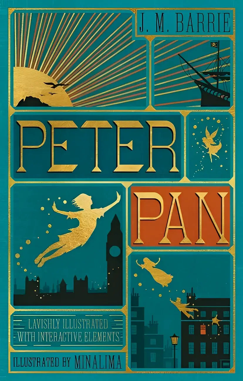 De boekomslag van peter pan minalima editie toont een teal en goud ontwerp met peter pan vliegend over Londen