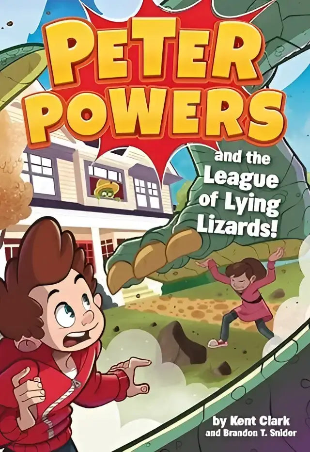 De levendige cover van het kinderboek peter powers en de league of lying lizards door kent clark en brandon t