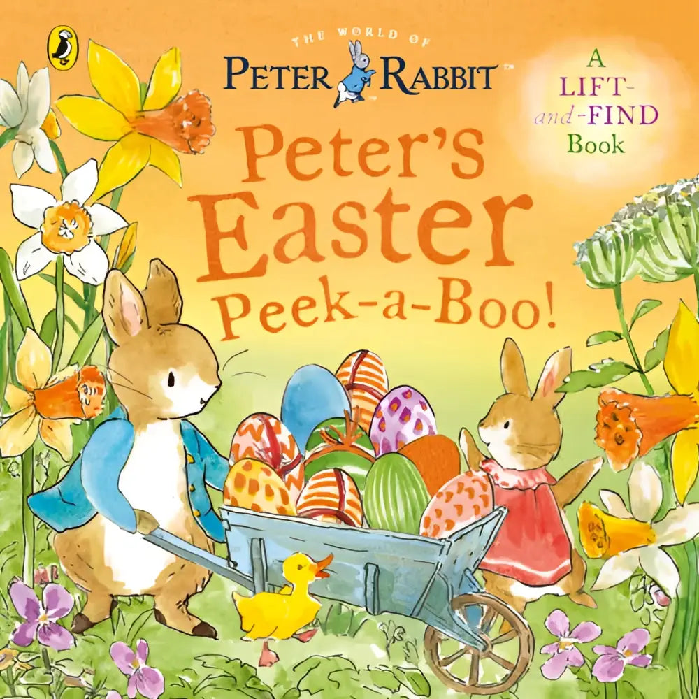 Peter rabbit easter peekaboo boek met kleurrijke eieren en lentebloemen op de cover van peters easter peekaboo