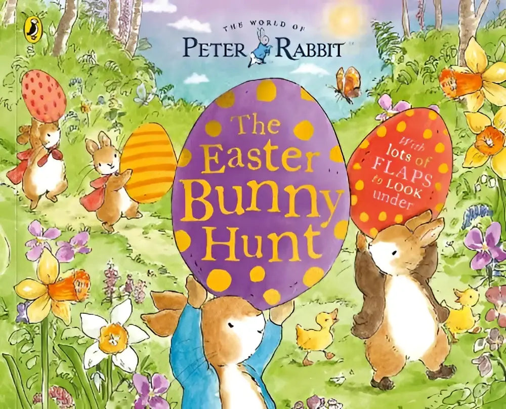 Een levendig paars paasei met gele stippen en de titel the easter bunny hunt in gouden letters voor peter rabbit