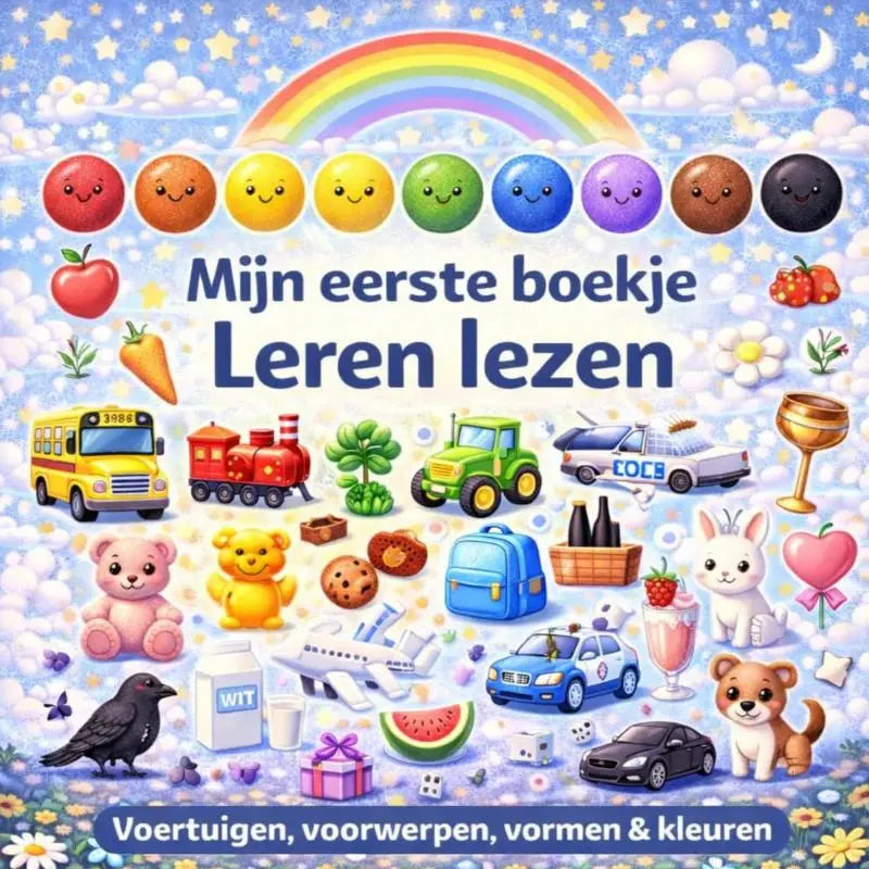 De kleurrijke cover van het peuterboekje mijn eerste boekje leren lezen toont voertuigen en voorwerpen voor jonge lezers
