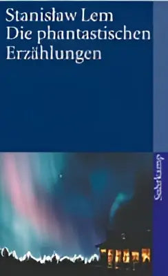 De boekcover van die phantastischen erzählungen door stanislaw lem toont een donkerblauwe rug en abstracte aurora-ontwerp voor phantastische bibliothek