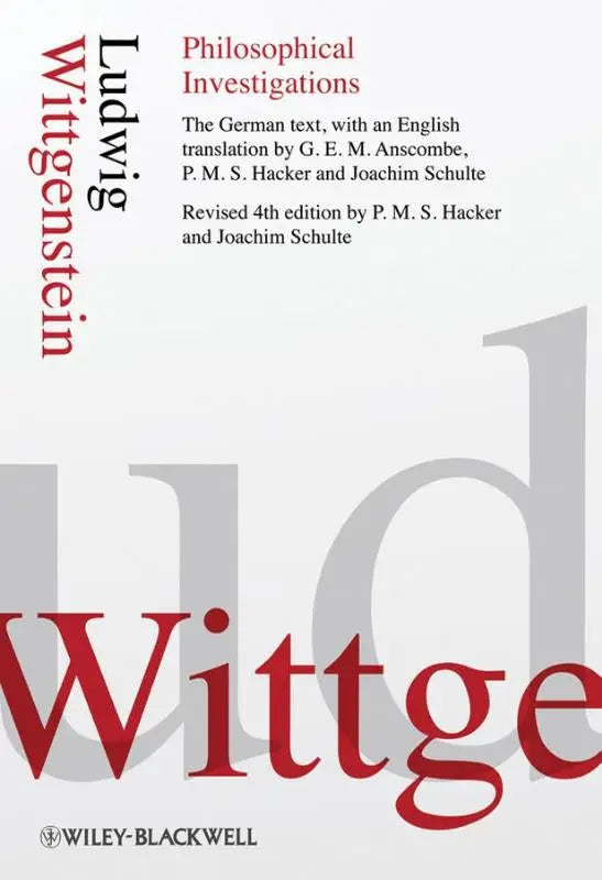 Rood en grijs typografisch omslag van philosophical investigations door ludwig wittgenstein uitgegeven door wiley-blackwell