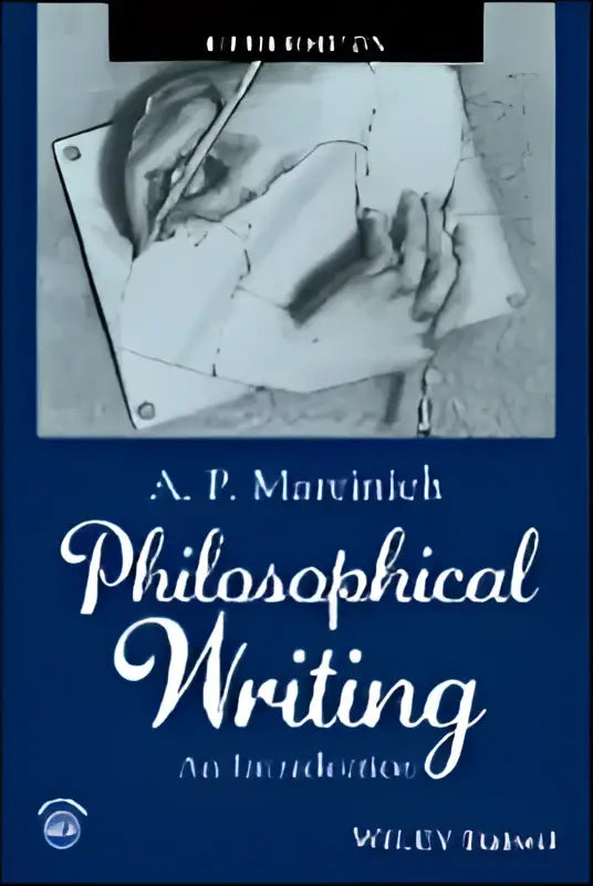 De boekcover toont een monochrome illustratie van een persoon die schrijft met de titel filosofisch schrijven vijfde editie academisch schrijven