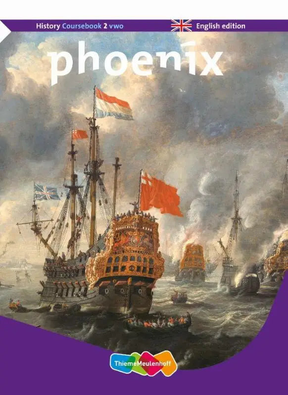 De cover van het engels talige geschiedenis lesboek phoenix 2 vwo van thiememeulenhoff met kleurrijke illustratie