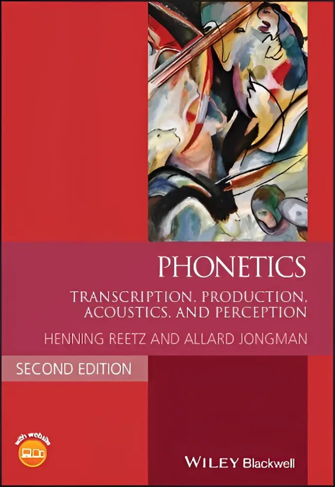 De boekcover van phonetics door henning reetz en allard jongman toont een abstract schilderij met rode en maroon panelen over how speech and perception