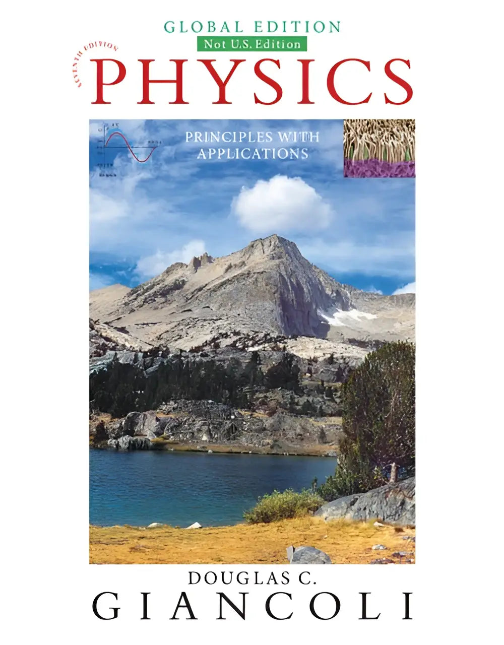 De omslag van de wereldeditie van physics principles with applications toont een educatief studieboek voor fysica studenten