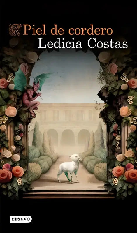 De omslag van de roman piel de cordero toont een witte lammetje in een tuinboog met roze en oranje rozen lambs skin