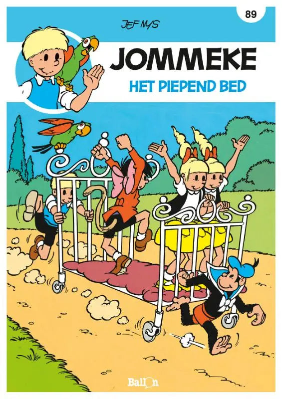 De cover van het jommeke comic boek het piepend bed toont een wit metalen bedframe met sierlijke krullen en wieltjes ontworpen door jef nys strips algemeen