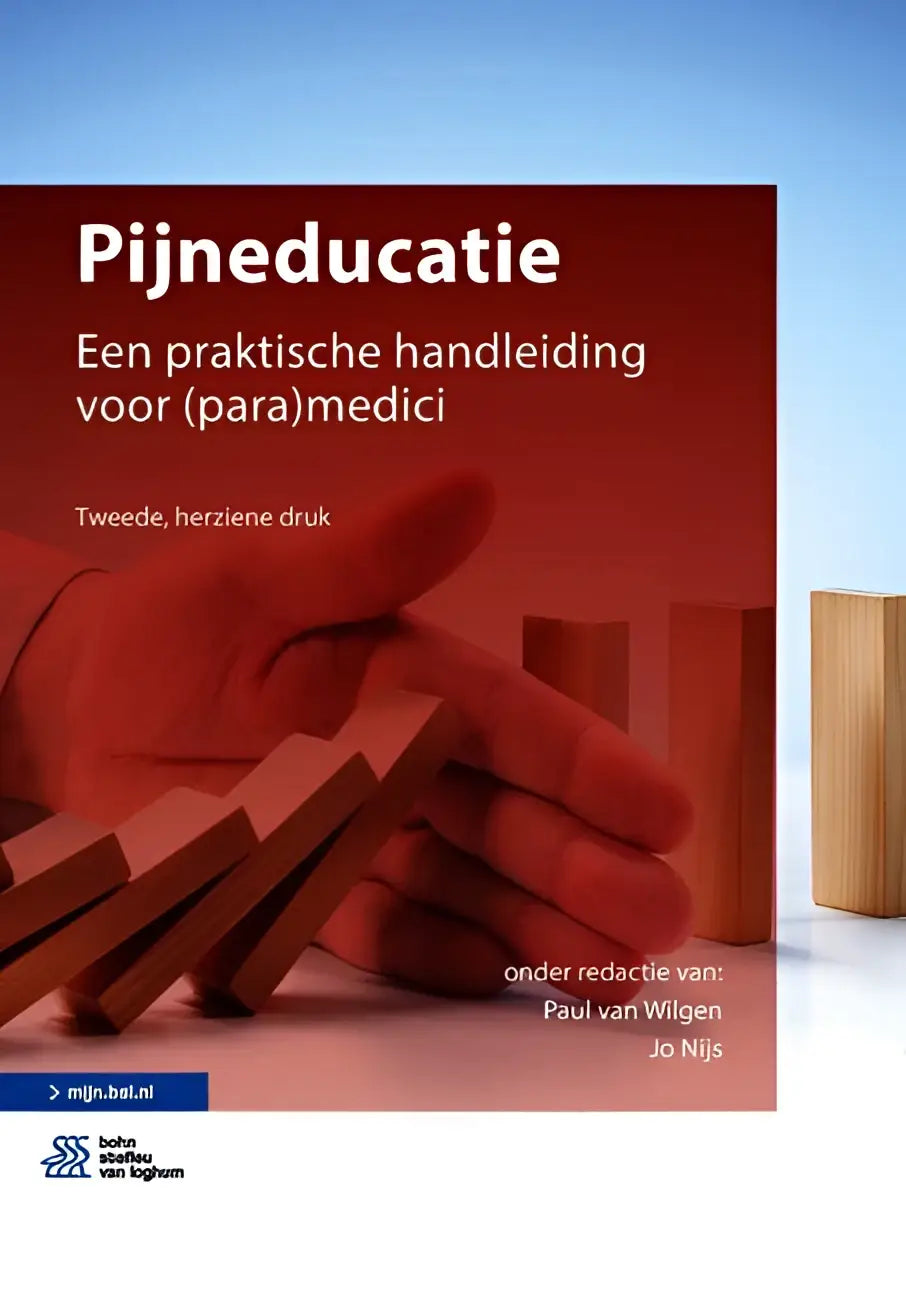 Rood boek pijneducatie met een hand in rode handschoenen die houten dominostenen duwt voor bsl media preventieve geneeskunde