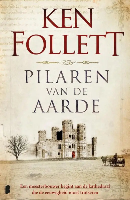 De boekcover toont een stenen kasteel met torens tegen een perkamentachtige achtergrond in pilaren van de aarde meesterbouwer begint