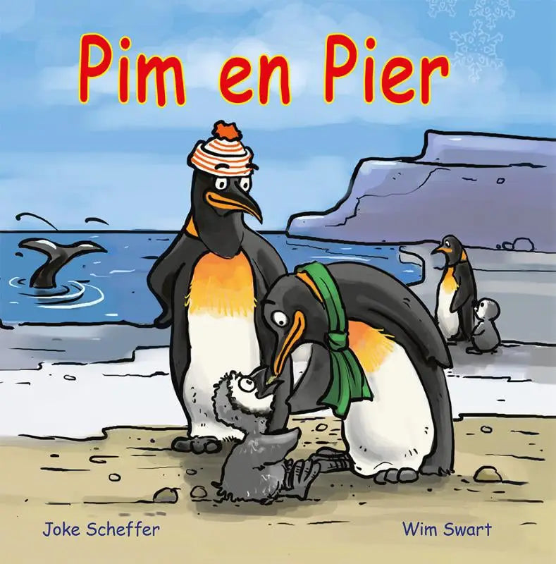 Kinderboek pim en pier met cartoon pinguïns zwart wit en oranje borst, een met gestreepte hoed en een met groene sjaal