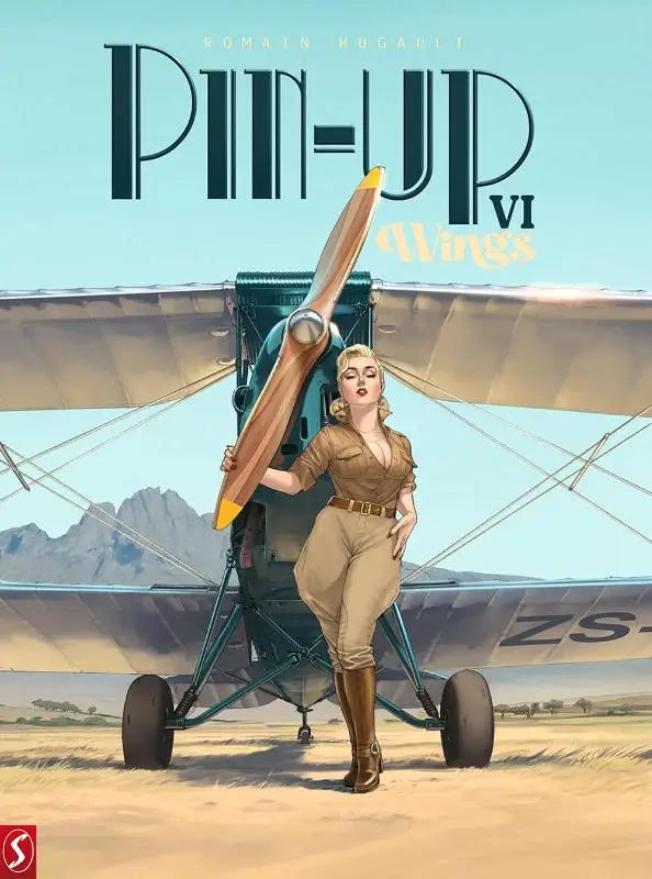 Vintage stijl illustratie van een vrouw in tan vlieguitrusting naast een teal tweedekker houten propeller pin-up wings