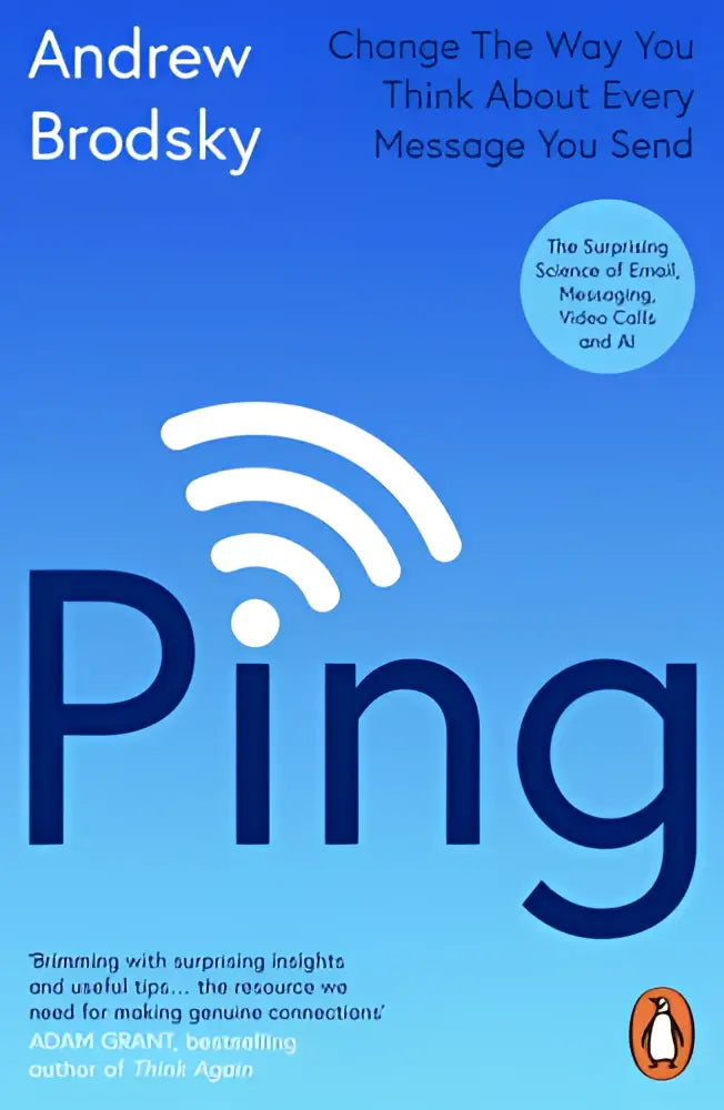 Blauwe boekcover ping door andrew brodsky met wit wi-fi symbool en penguin publishing logo over etiquette en advies op carrièregebied