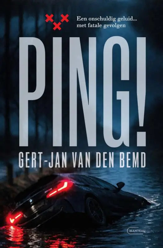 Donkerblauwe sportwagen met gloeiende rode achterlichten gedeeltelijk ondergedompeld in water voor literaire thriller ping