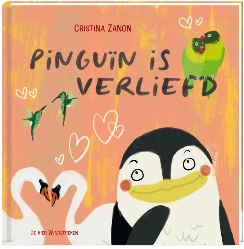 Een charmante kinderboek cover met een cartoon pinguïn rosse wangen en oranje achtergrond voor jonge lezers