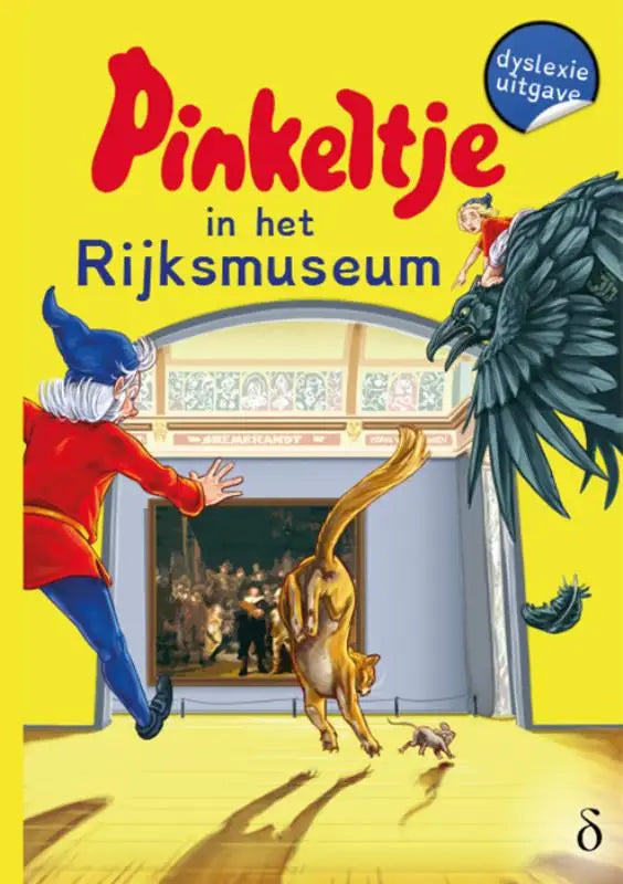 De cover van pinkeltje in het rijksmuseum door studio dick laan toont een gele achtergrond met een blauwe hoed en kraai