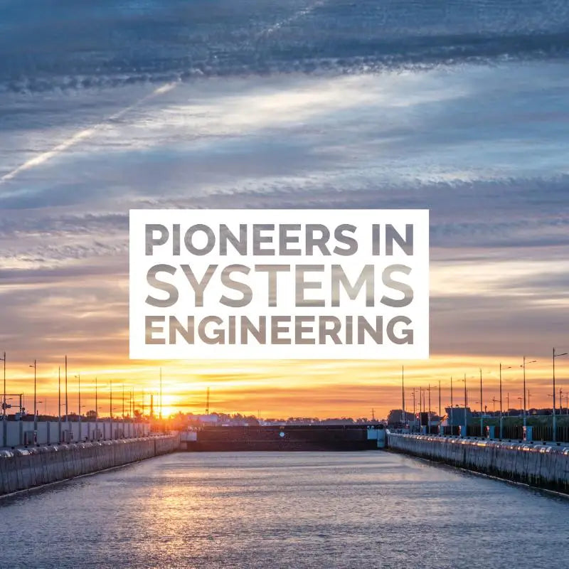 Een witte rechthoekige banner met de tekst pioniers in systems engineering in hoofdletters en vetgedrukt