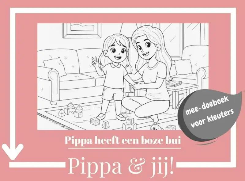 Pinkgekaderde kleurboekcover met zwart-wit tekening van moeder en dochter spelend met blokken boze bui jonge lezers