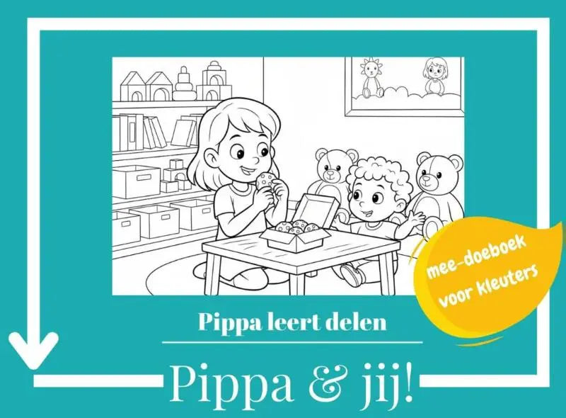 Teal kleurige kleurboekcover met zwart-wit illustratie van kinderen die koekjes delen met teddyberen voor jonge lezers pippa leert delen