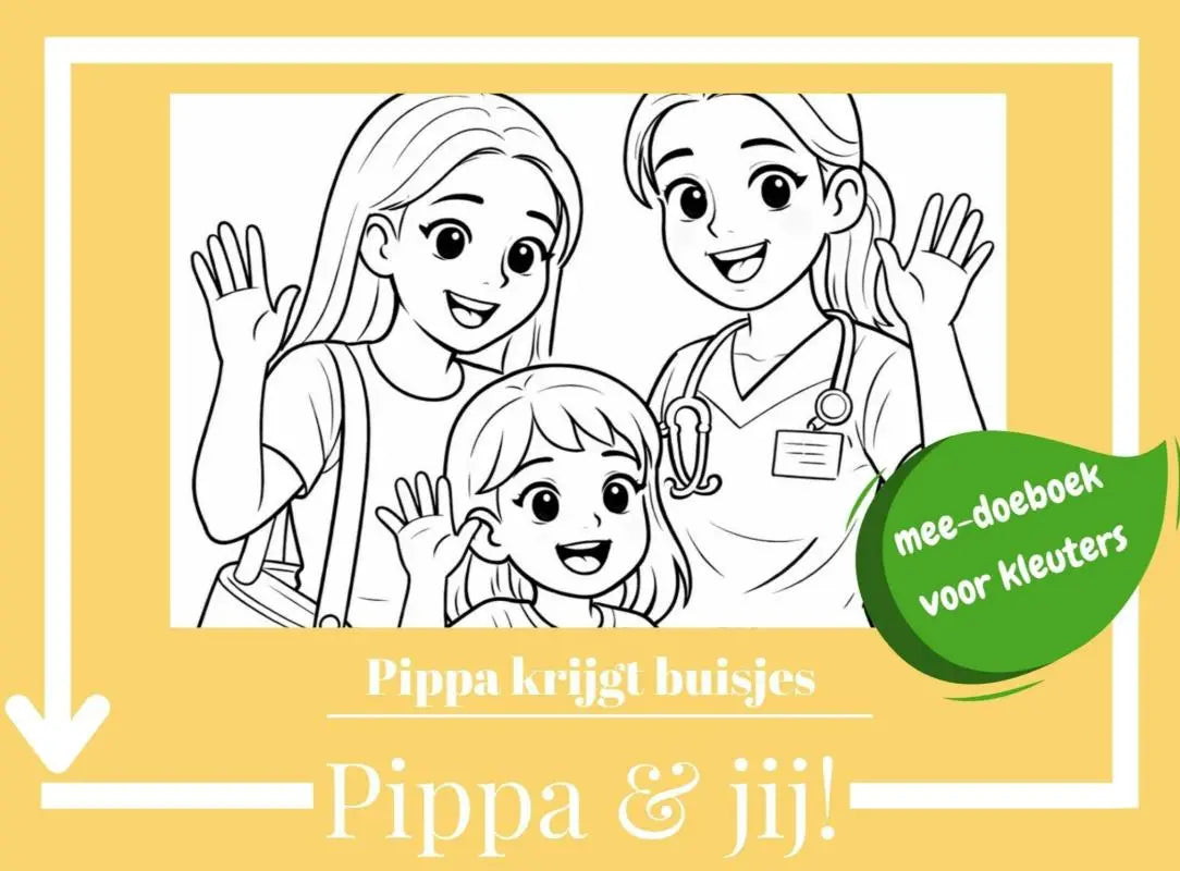 Yellow coloring book cover of pippa krijgt buisjes featuring black-and-white line art of three smiling characters waving