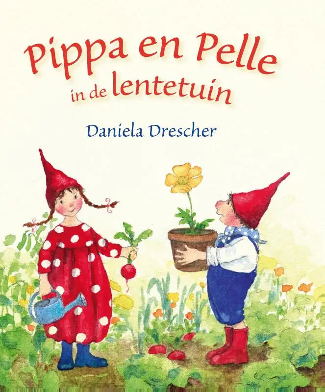 Jong meisje gnoom draagt rode polkadot jurk in de lentetuin perfect voor jonge lezers product pippa & pelle
