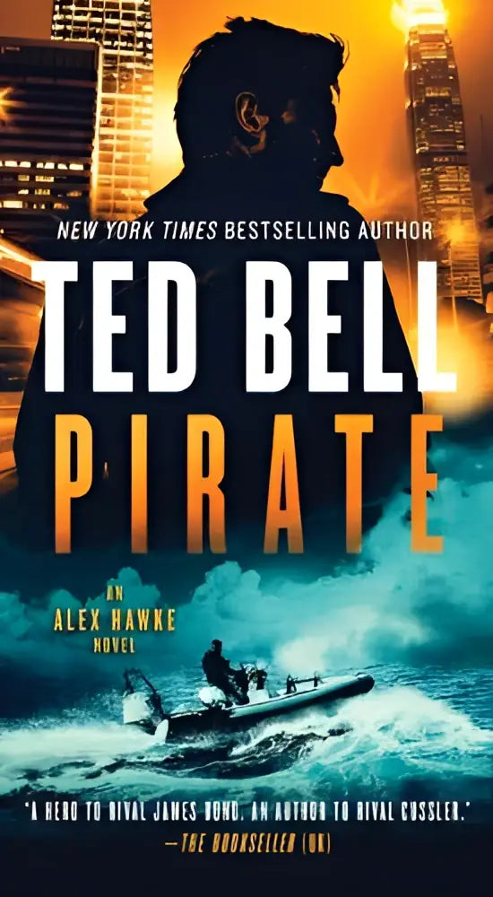 De pocket star boekcover van pirate door ted bell toont een silhouet van een man tegen een oranje en blauwe stadsachtergrond