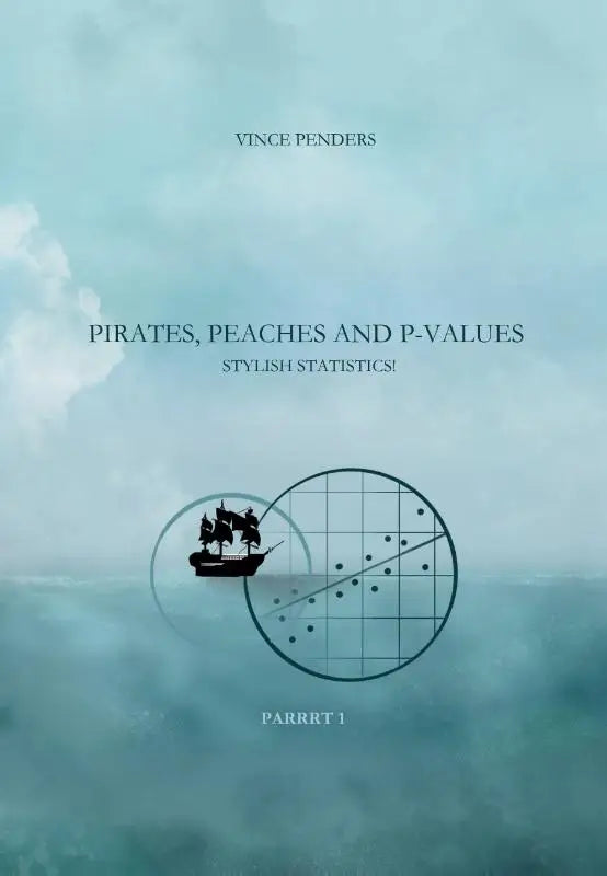 Minimalistisch boekomslag pirates peaches and p-values met zwarte piratenschip silhouet en stijlvolle statistieken scatterplot