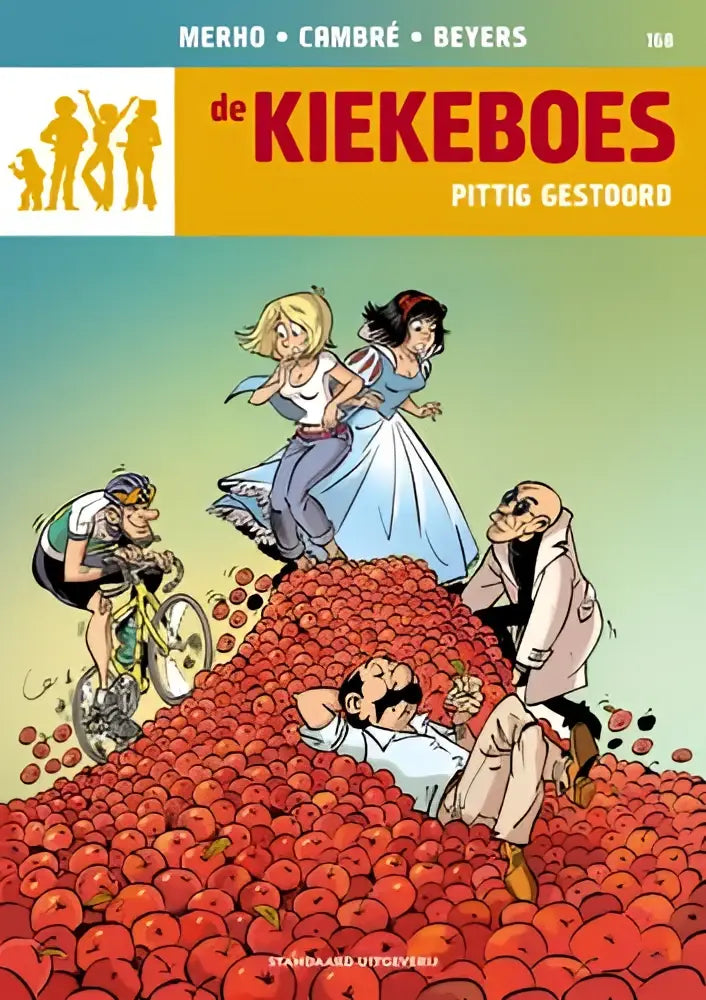 De cover van de comic de kiekeboes pittig gestoord toont kleurrijke illustraties met personages op rode appels