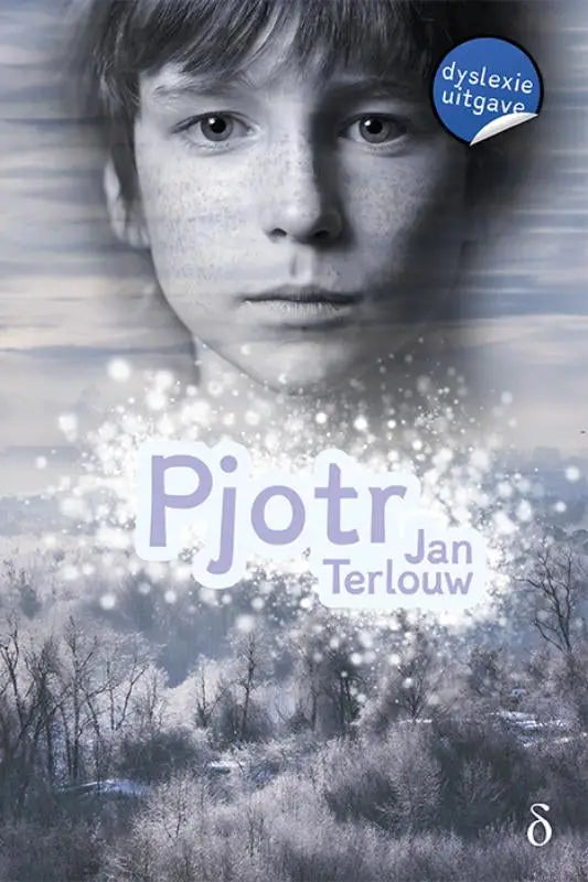 Boekcover van pjotr met monochrome portret van jongen met sproeten en donker haar tegen besneeuwd boslandschap