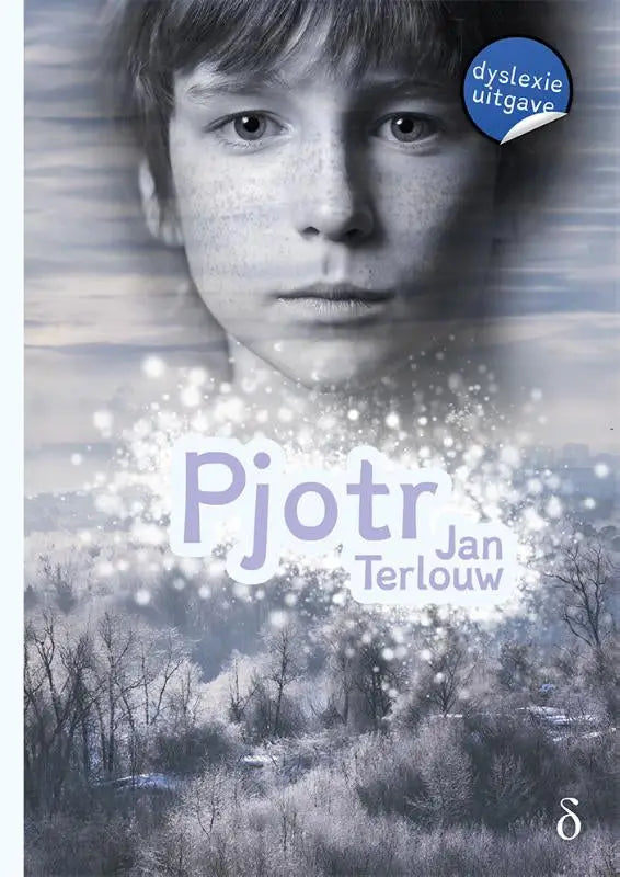 Het boek pjotr van jan terlouw met een monochrome portretfoto van een jongen en frostige textuur op de cover